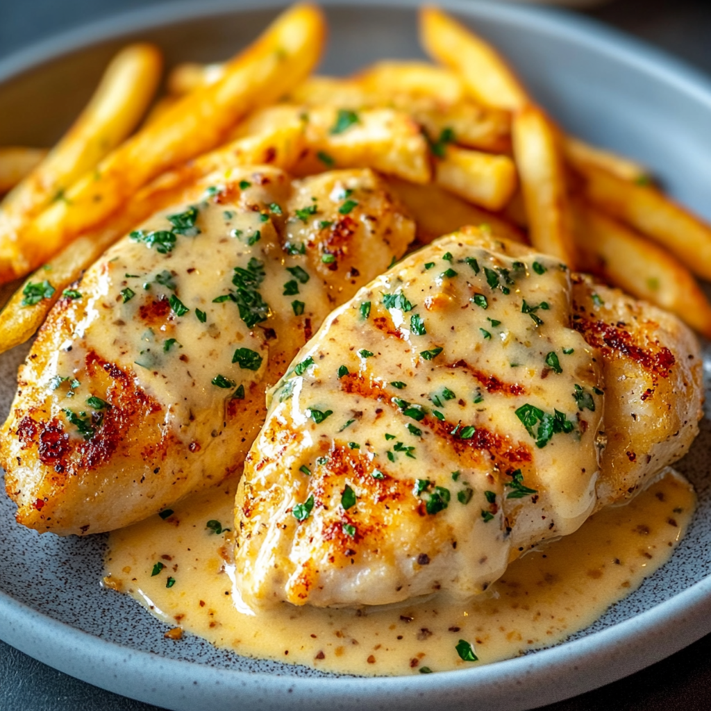 Chicken Fillet in Spicy, Creamy Garlic-Parmesan Sauce with Fries